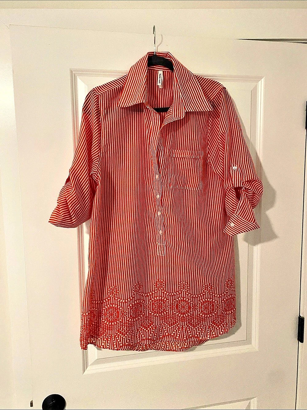Red and White Striped Button Down Tunic Size Medium (Fits like a L or XL)